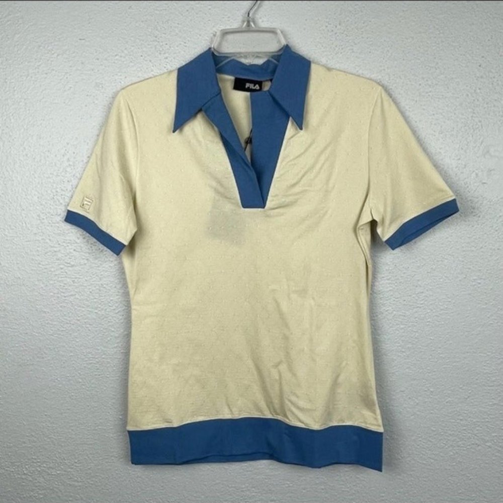 Fila Women’s Cream & Blue Short Sleeve V-Neck Pullover Golf Shirt NWT